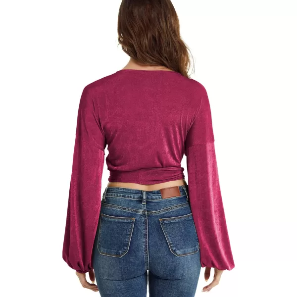 LYANER Women's V Neck Self Tie Knot Bishop Long Sleeve Wrap Crop Blouse T-Shirt Top