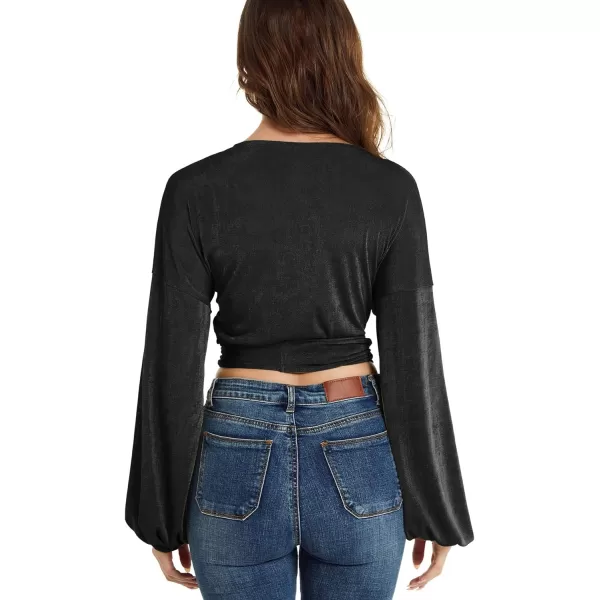 LYANER Women's V Neck Self Tie Knot Bishop Long Sleeve Wrap Crop Blouse T-Shirt Top