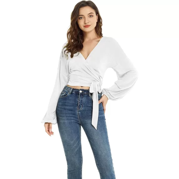 LYANER Women's V Neck Self Tie Knot Bishop Long Sleeve Wrap Crop Blouse T-Shirt Top