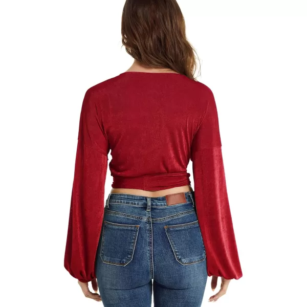 LYANER Women's V Neck Self Tie Knot Bishop Long Sleeve Wrap Crop Blouse T-Shirt Top