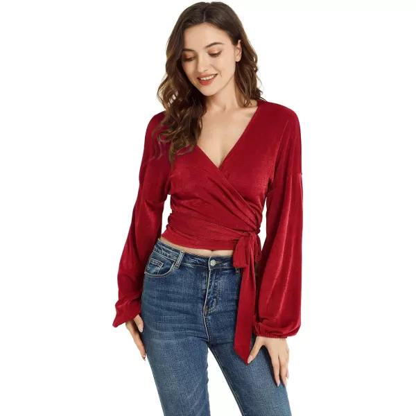 LYANER Women's V Neck Self Tie Knot Bishop Long Sleeve Wrap Crop Blouse T-Shirt Top