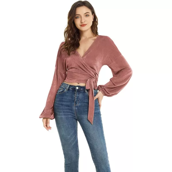 LYANER Women's V Neck Self Tie Knot Bishop Long Sleeve Wrap Crop Blouse T-Shirt Top
