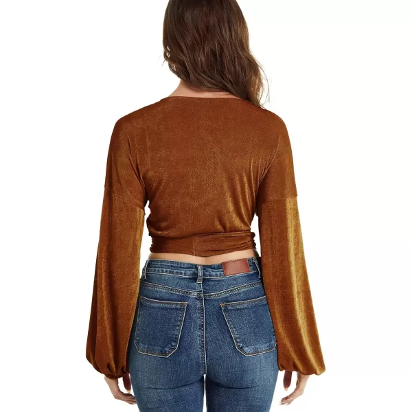 LYANER Women's V Neck Self Tie Knot Bishop Long Sleeve Wrap Crop Blouse T-Shirt Top