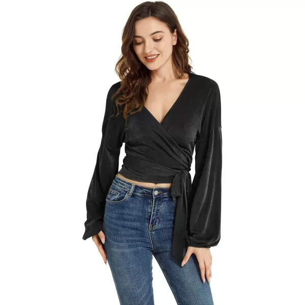 LYANER Women's V Neck Self Tie Knot Bishop Long Sleeve Wrap Crop Blouse T-Shirt Top
