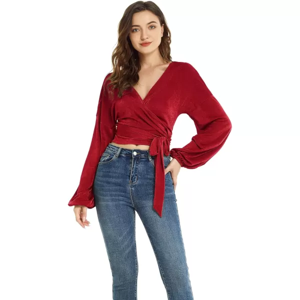 LYANER Women's V Neck Self Tie Knot Bishop Long Sleeve Wrap Crop Blouse T-Shirt Top