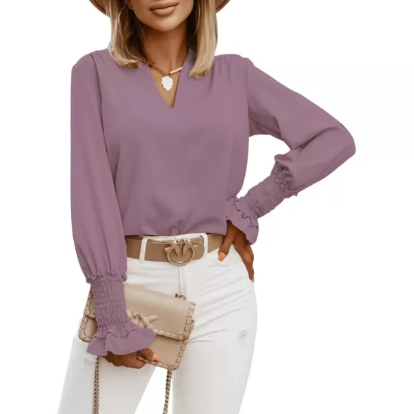 LYANER Women's V Neck Shirred Bell Long Sleeve Blouse Casual Tunic Top