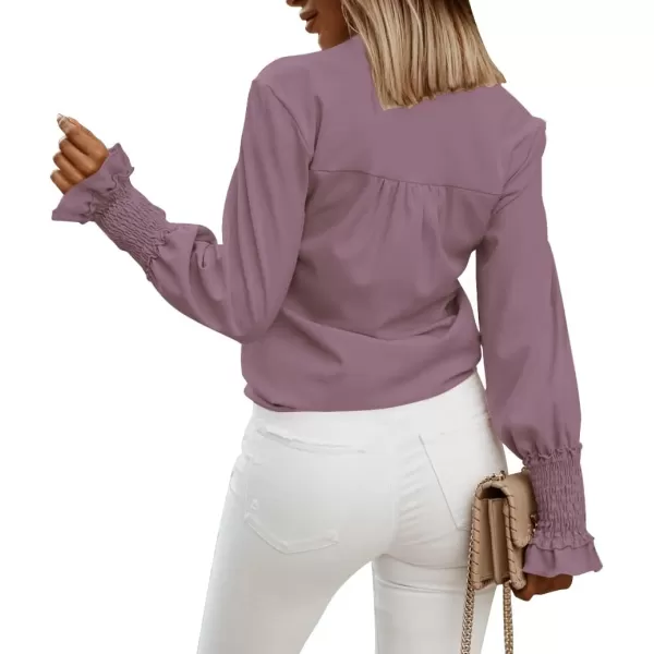 LYANER Women's V Neck Shirred Bell Long Sleeve Blouse Casual Tunic Top