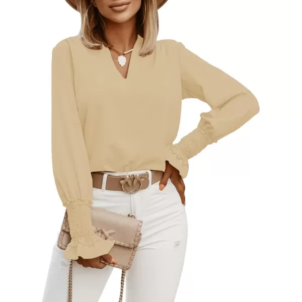 LYANER Women's V Neck Shirred Bell Long Sleeve Blouse Casual Tunic Top