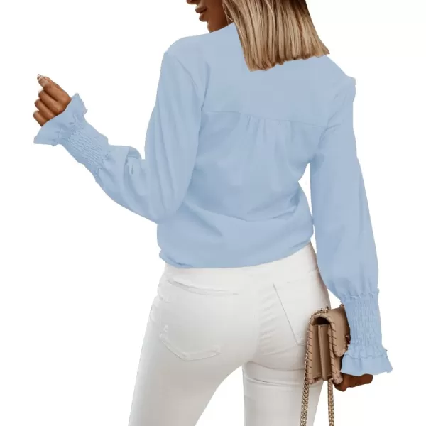 LYANER Women's V Neck Shirred Bell Long Sleeve Blouse Casual Tunic Top