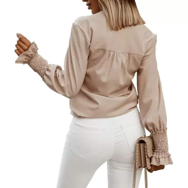 LYANER Women's V Neck Shirred Bell Long Sleeve Blouse Casual Tunic Top