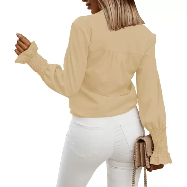 LYANER Women's V Neck Shirred Bell Long Sleeve Blouse Casual Tunic Top