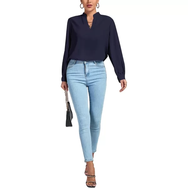 LYANER Women's V Neck Shirred Long Sleeve Office Elegant Tunic Blouse Top