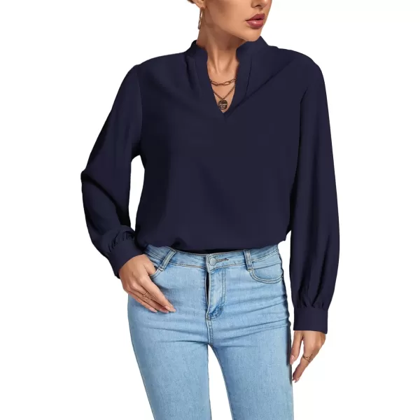 LYANER Women's V Neck Shirred Long Sleeve Office Elegant Tunic Blouse Top