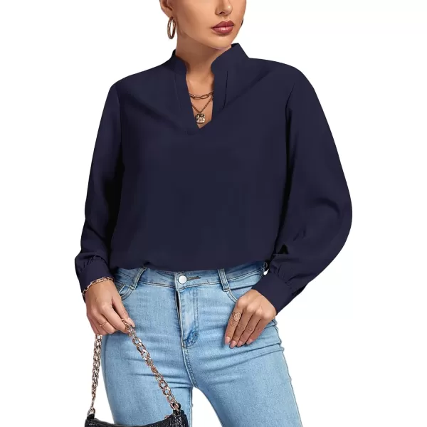 LYANER Women's V Neck Shirred Long Sleeve Office Elegant Tunic Blouse Top