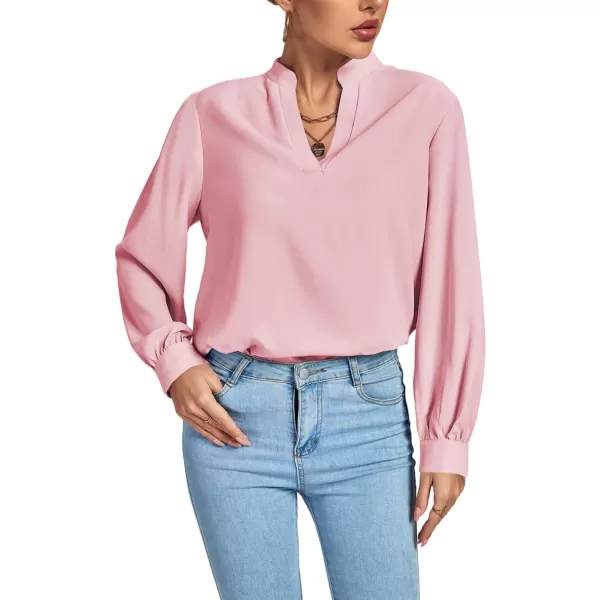 LYANER Women's V Neck Shirred Long Sleeve Office Elegant Tunic Blouse Top