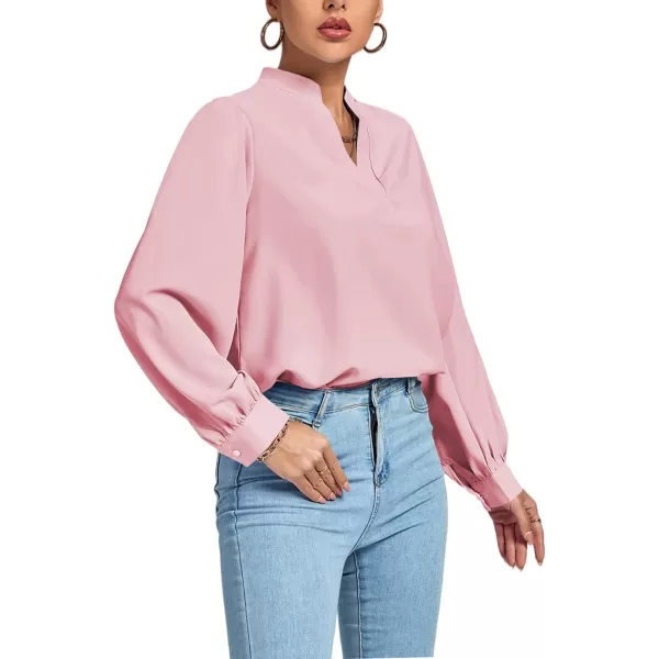 LYANER Women's V Neck Shirred Long Sleeve Office Elegant Tunic Blouse Top