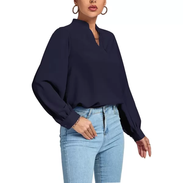 LYANER Women's V Neck Shirred Long Sleeve Office Elegant Tunic Blouse Top