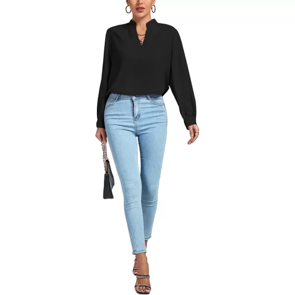LYANER Women's V Neck Shirred Long Sleeve Office Elegant Tunic Blouse Top