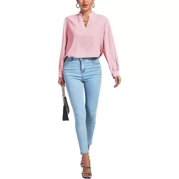 LYANER Women's V Neck Shirred Long Sleeve Office Elegant Tunic Blouse Top