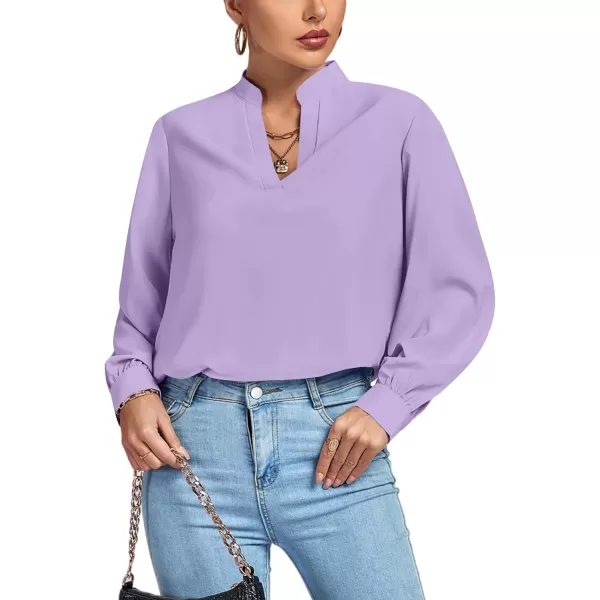 LYANER Women's V Neck Shirred Long Sleeve Office Elegant Tunic Blouse Top