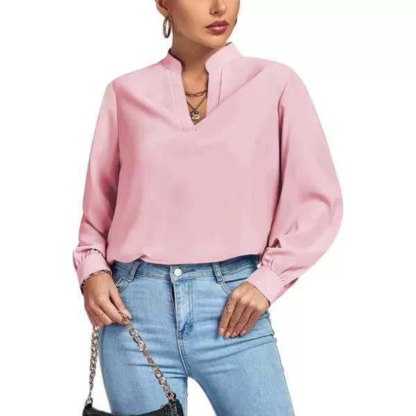 LYANER Women's V Neck Shirred Long Sleeve Office Elegant Tunic Blouse Top