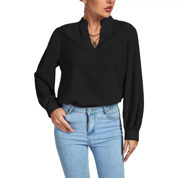 LYANER Women's V Neck Shirred Long Sleeve Office Elegant Tunic Blouse Top
