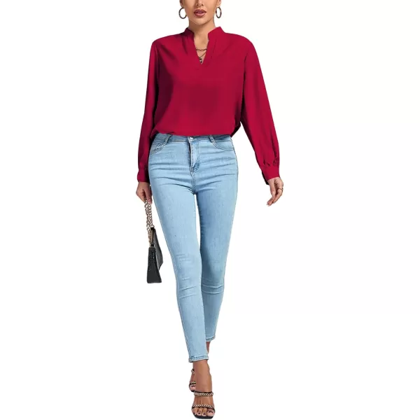 LYANER Women's V Neck Shirred Long Sleeve Office Elegant Tunic Blouse Top