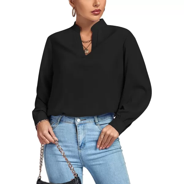 LYANER Women's V Neck Shirred Long Sleeve Office Elegant Tunic Blouse Top