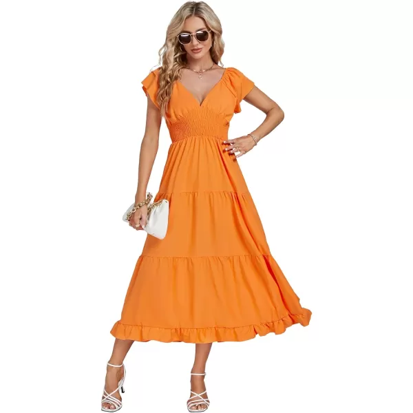 LYANER Women’s V Neck Shirred Waist Layered Ruffle Sleeve Swing Flowy A-Line Maxi Dress