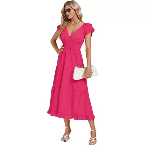LYANER Women’s V Neck Shirred Waist Layered Ruffle Sleeve Swing Flowy A-Line Maxi Dress