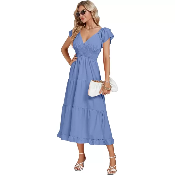 LYANER Women’s V Neck Shirred Waist Layered Ruffle Sleeve Swing Flowy A-Line Maxi Dress