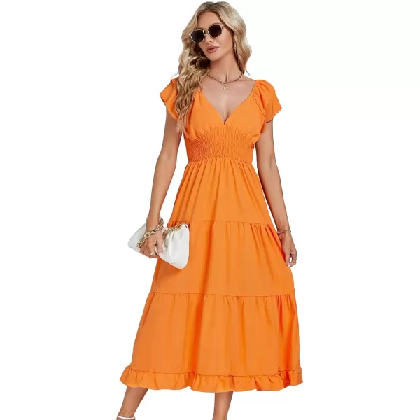 LYANER Women’s V Neck Shirred Waist Layered Ruffle Sleeve Swing Flowy A-Line Maxi Dress