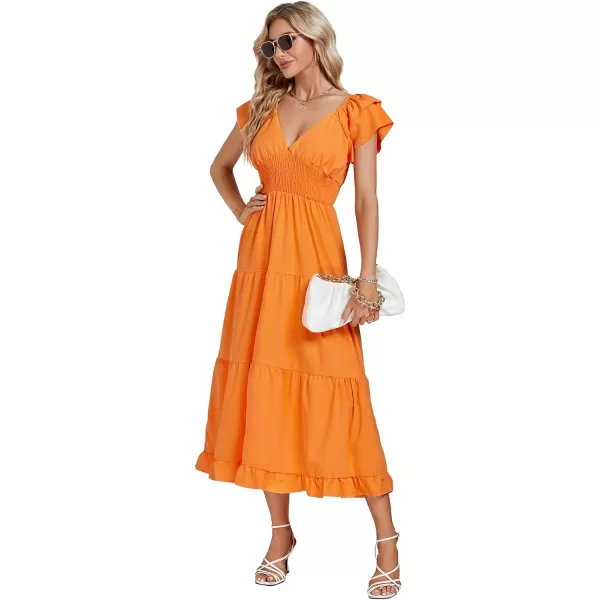 LYANER Women’s V Neck Shirred Waist Layered Ruffle Sleeve Swing Flowy A-Line Maxi Dress