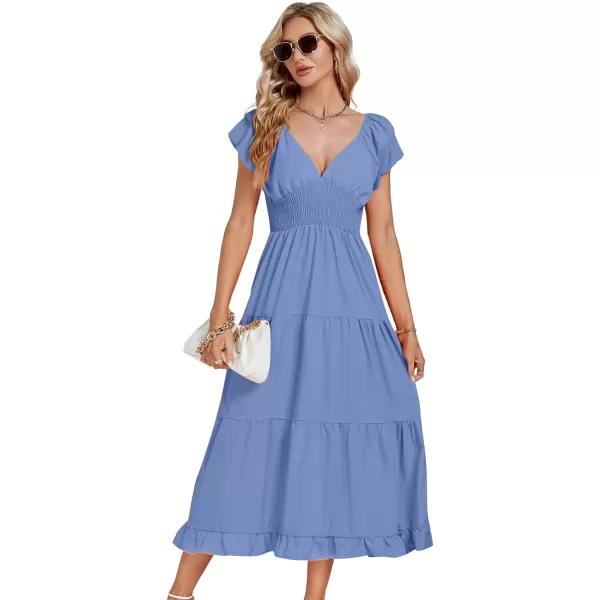LYANER Women’s V Neck Shirred Waist Layered Ruffle Sleeve Swing Flowy A-Line Maxi Dress
