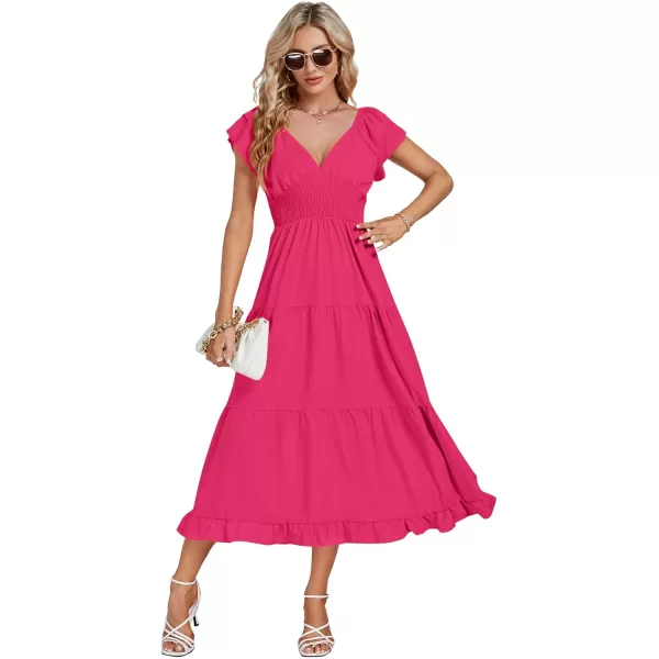 LYANER Women’s V Neck Shirred Waist Layered Ruffle Sleeve Swing Flowy A-Line Maxi Dress