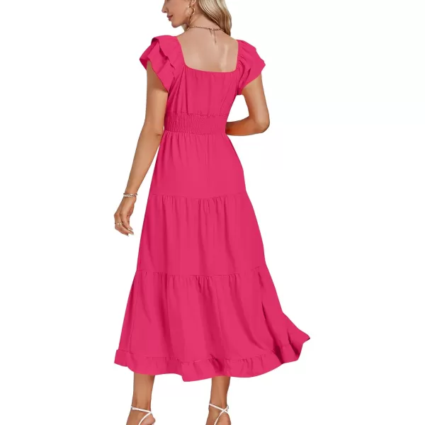 LYANER Women’s V Neck Shirred Waist Layered Ruffle Sleeve Swing Flowy A-Line Maxi Dress