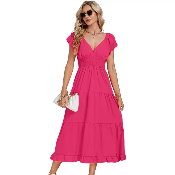 LYANER Women’s V Neck Shirred Waist Layered Ruffle Sleeve Swing Flowy A-Line Maxi Dress