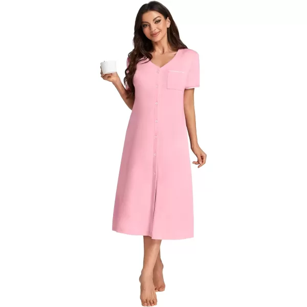 LYANER Women's V Neck Short Sleeve Button Down Nightgowns Sleepshirt Pajama Dress