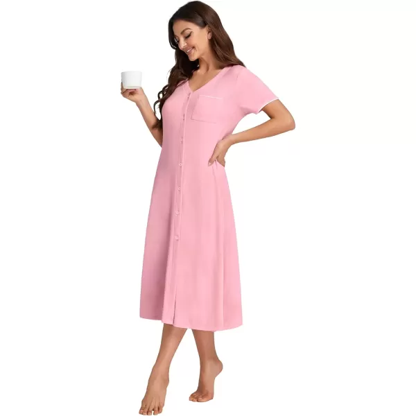 LYANER Women's V Neck Short Sleeve Button Down Nightgowns Sleepshirt Pajama Dress