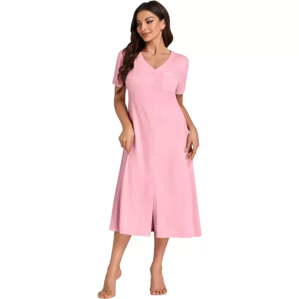 LYANER Women's V Neck Short Sleeve Button Down Nightgowns Sleepshirt Pajama Dress