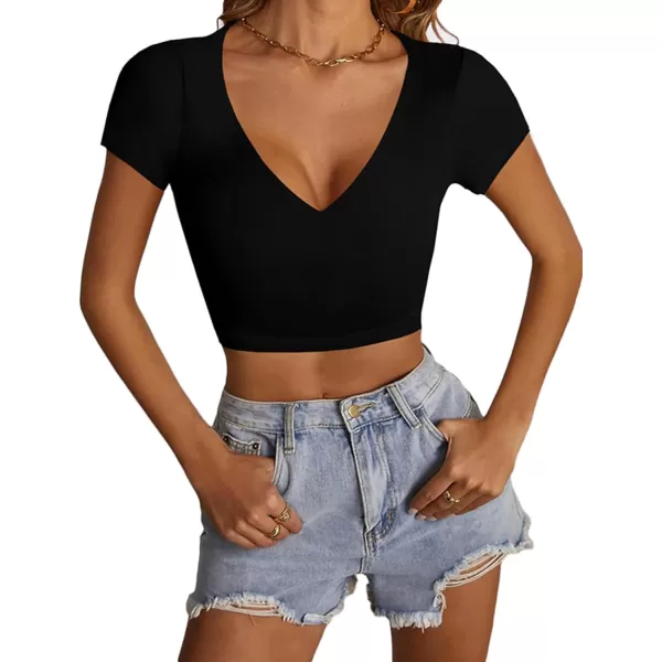 LYANER Women's V Neck Short Sleeve Crop Tops Cute Summer Tee Basic T Shirts