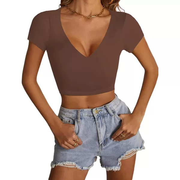 LYANER Women's V Neck Short Sleeve Crop Tops Cute Summer Tee Basic T Shirts