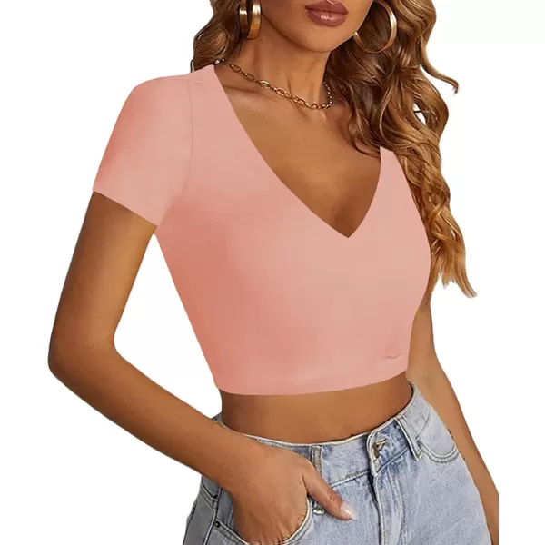 LYANER Women's V Neck Short Sleeve Crop Tops Cute Summer Tee Basic T Shirts