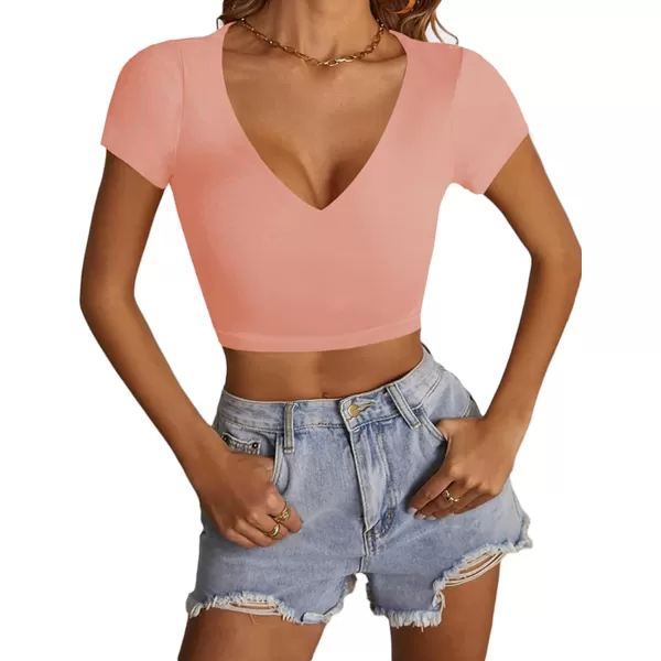 LYANER Women's V Neck Short Sleeve Crop Tops Cute Summer Tee Basic T Shirts