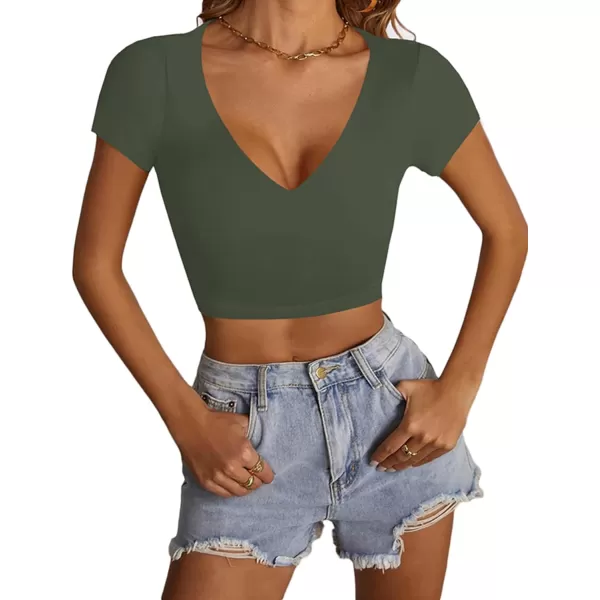 LYANER Women's V Neck Short Sleeve Crop Tops Cute Summer Tee Basic T Shirts