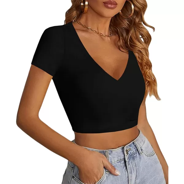 LYANER Women's V Neck Short Sleeve Crop Tops Cute Summer Tee Basic T Shirts