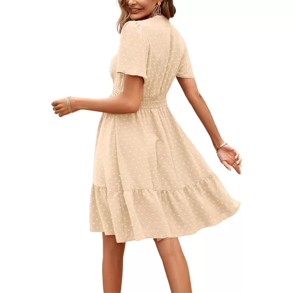LYANER Women's V Neck Short Sleeve Mini Dress High Waist Cut Out Swiss Dot Short Dress Ruffle Hem Pom Pom Party Dress