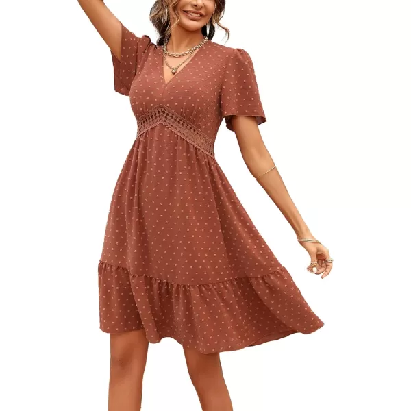 LYANER Women's V Neck Short Sleeve Mini Dress High Waist Cut Out Swiss Dot Short Dress Ruffle Hem Pom Pom Party Dress