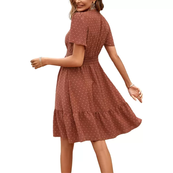 LYANER Women's V Neck Short Sleeve Mini Dress High Waist Cut Out Swiss Dot Short Dress Ruffle Hem Pom Pom Party Dress