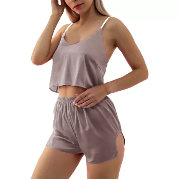 LYANER Women's V Neck Spaghetti Strap Crop Cami Split Shorts Sets Pajamas Sleepwear